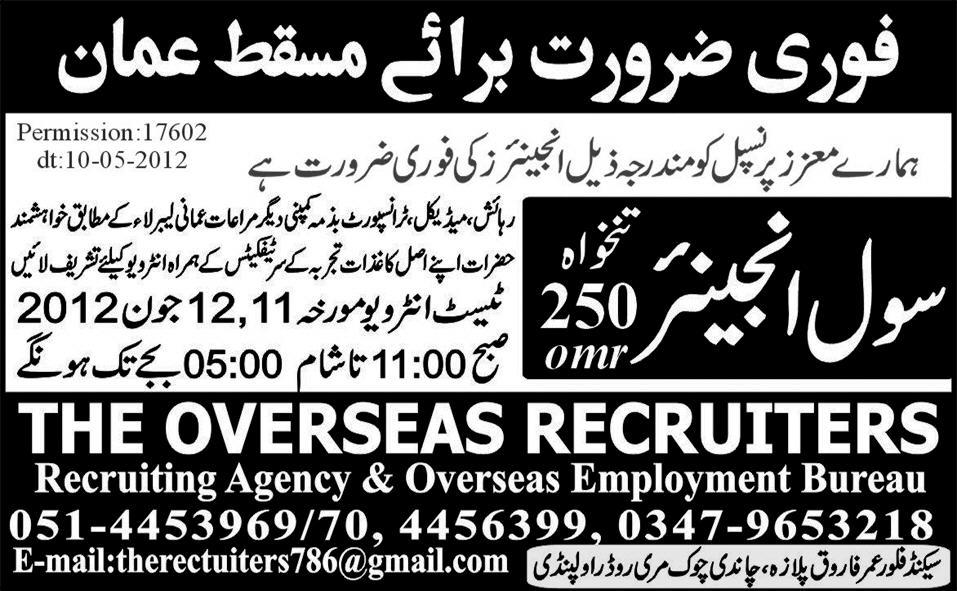 Civil Engineer Required by The Overseas Recruiters