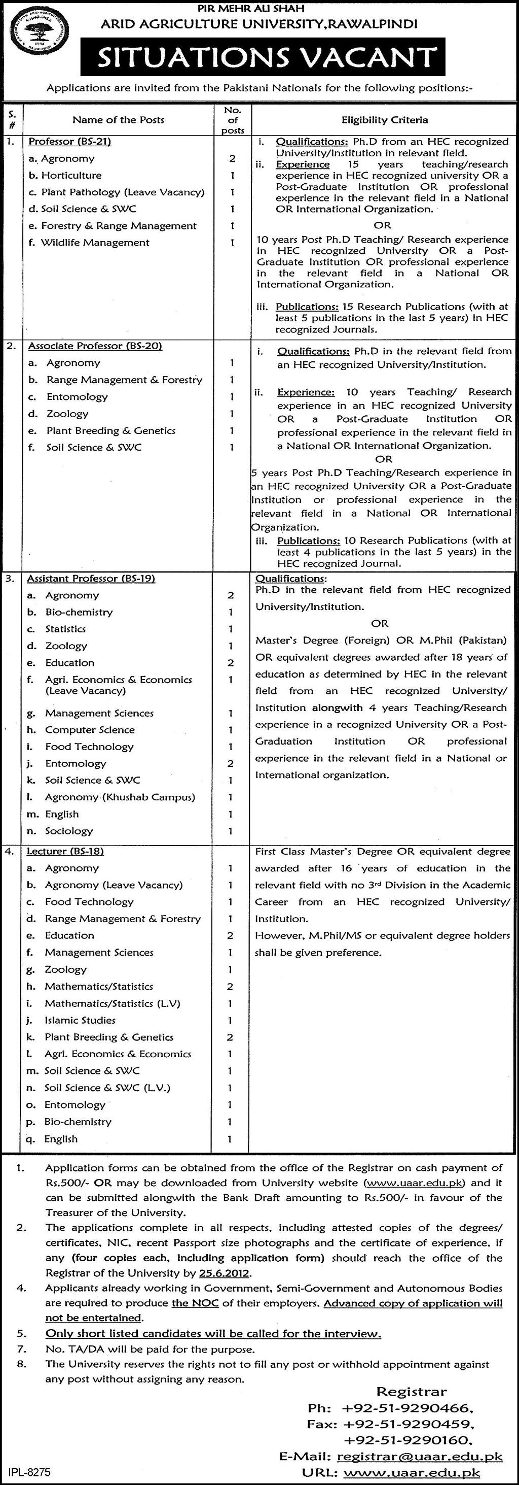 Teaching Faculty Required at Pir Mehr Ali Shah Arid Agricultural University (PMAS-UAAR)