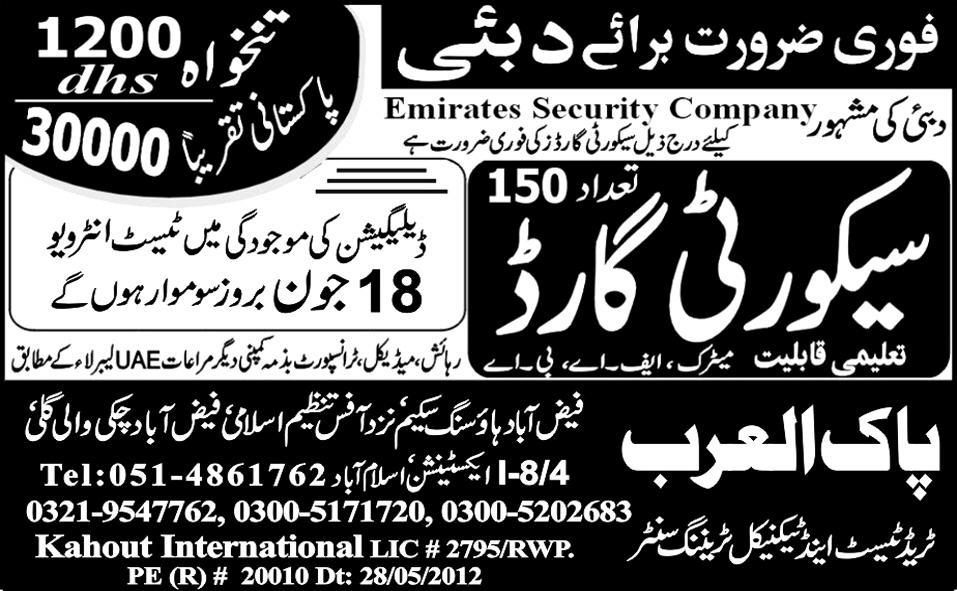 Security Staff Required by Pak Al-Arab Trade Test and Technical Training Centre