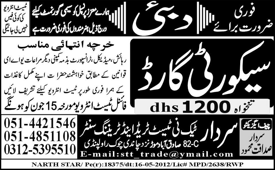 Security Staff Required by SARDAR Tech-ni-Test Trade and Training Centre