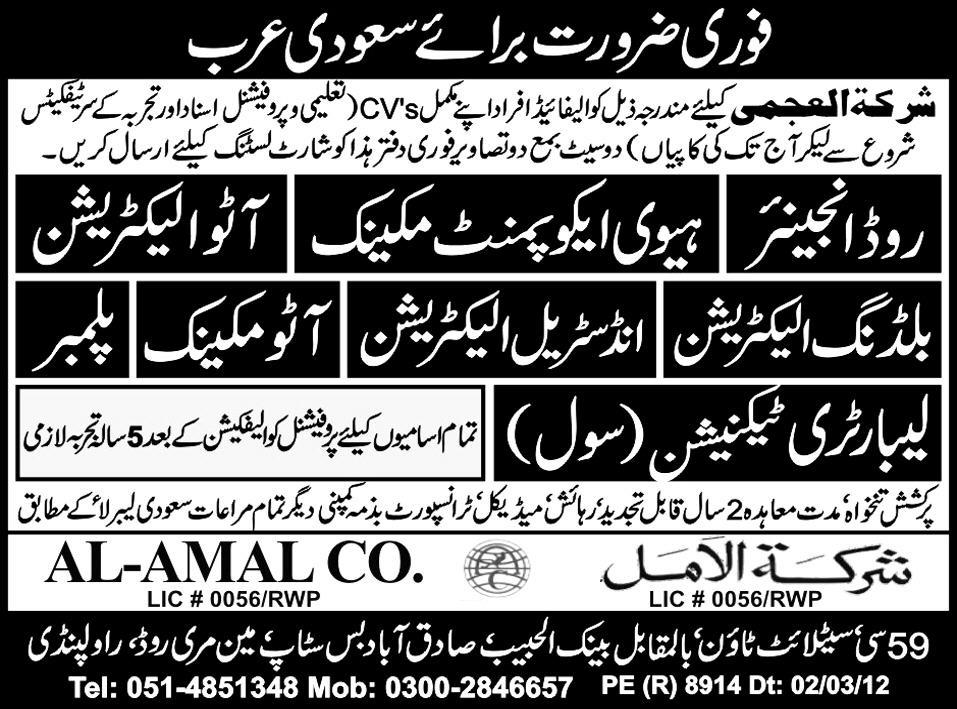 Road Engineer, Electrical and Technical Staff Required by AL-AMAL CO.