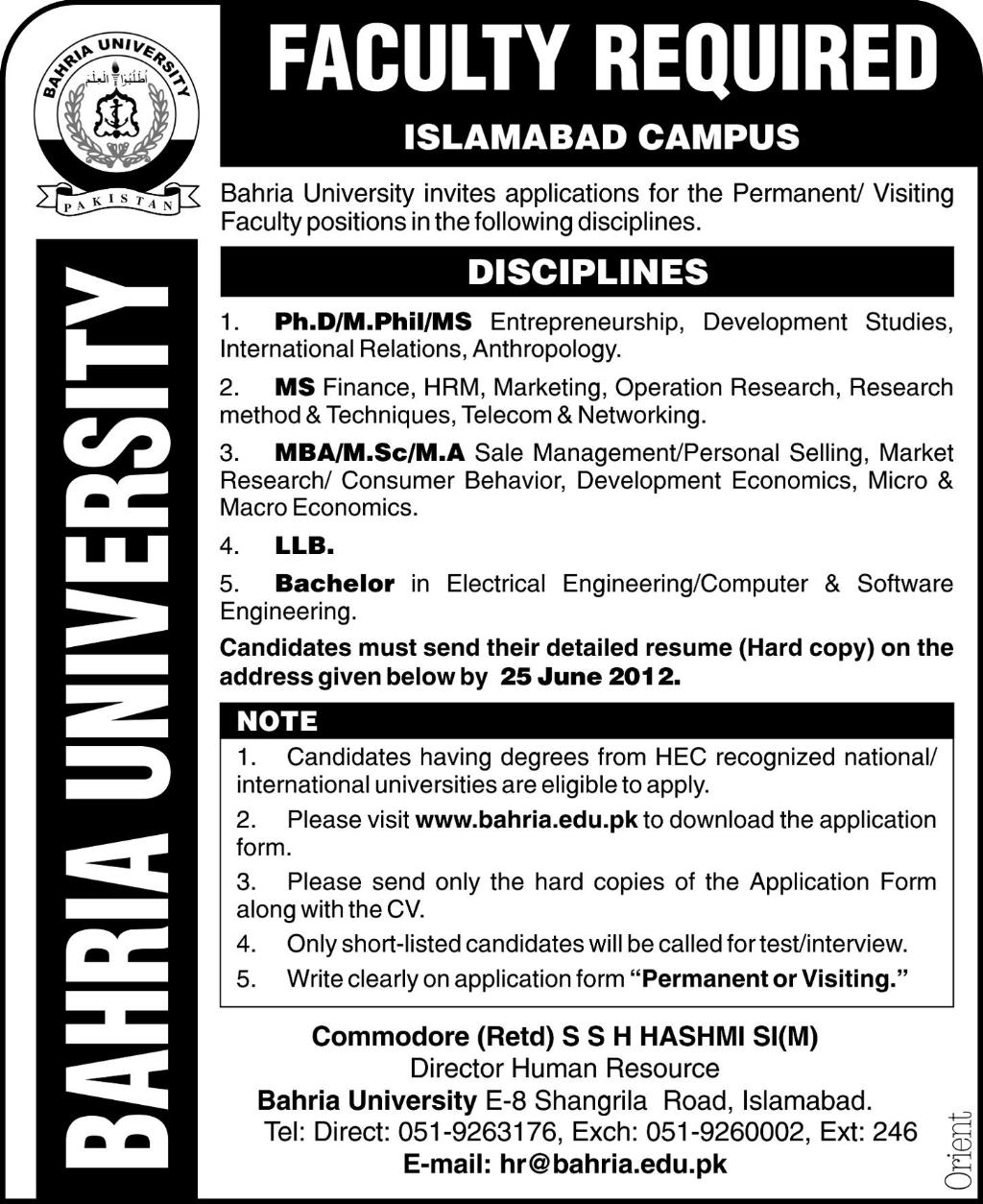 Bahria University Requires Permanent/ Visiting Faculty