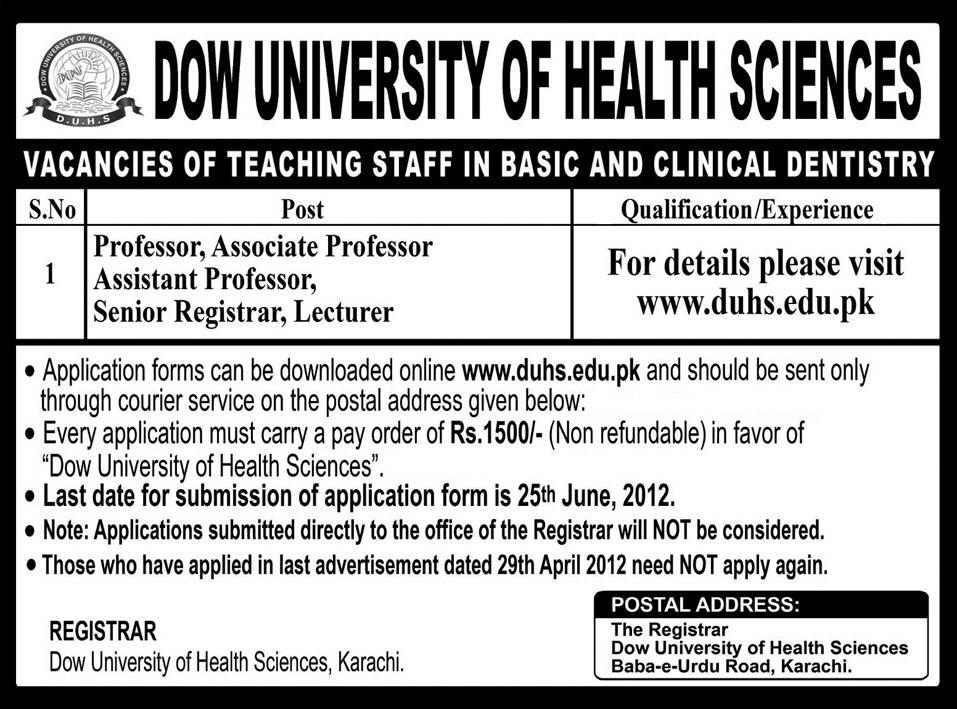 DOW University of Health Sciences Required Teaching Staff in Basic and Clinical Dentistry
