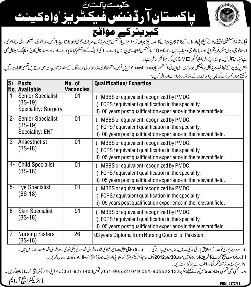 Pakistan Ordnance Factory (POF) Required Medical Professionals (Govt. job)