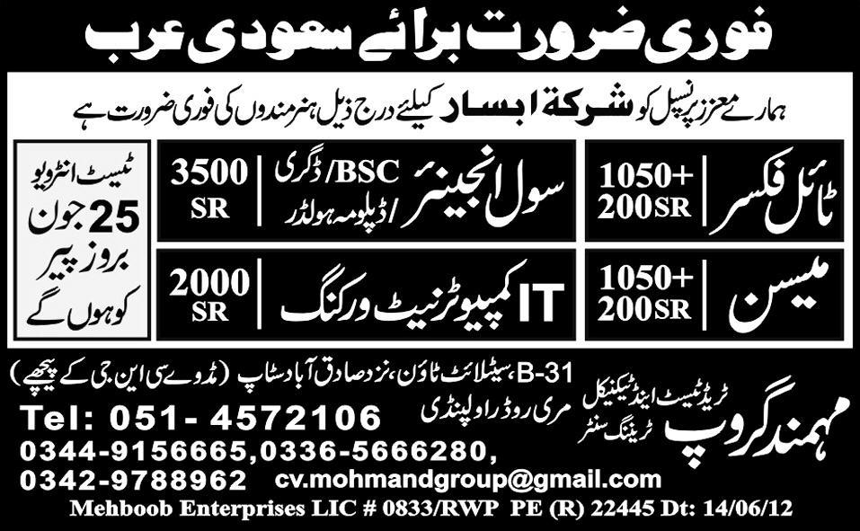 IT Computer Networking and Civil Engineering Jobs by Mohmand Group Trade Test and Technical Training Institute