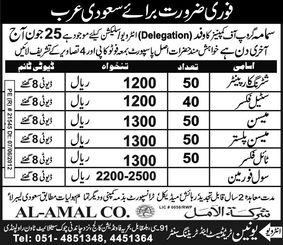 Construction Staff Required by SAMAMA Group of Companies