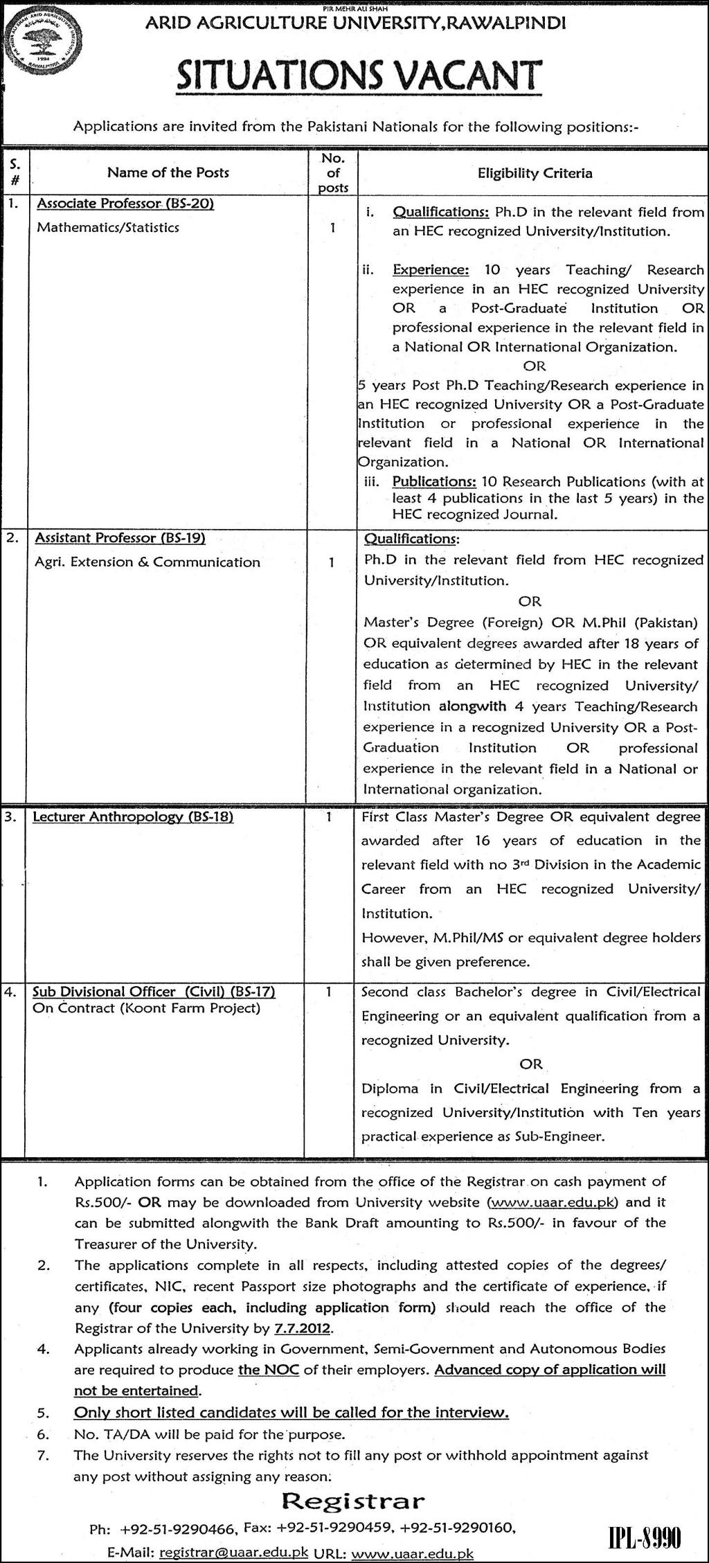 PMAS-UAAR (Pir Mehr Ali Shah Arid Agricultural University) Requires Teaching Staff and Sub Divisional Office Civil (Govt. job)