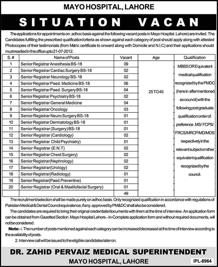 MAYO Hospital Lahore Requires Senior Medical Registrars (Govt. job)