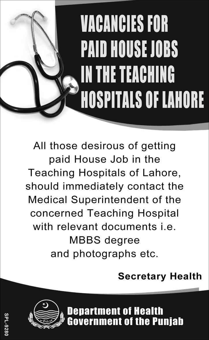 Vacancies for Paid House Jobs in the Teaching Hospitals of Lahore