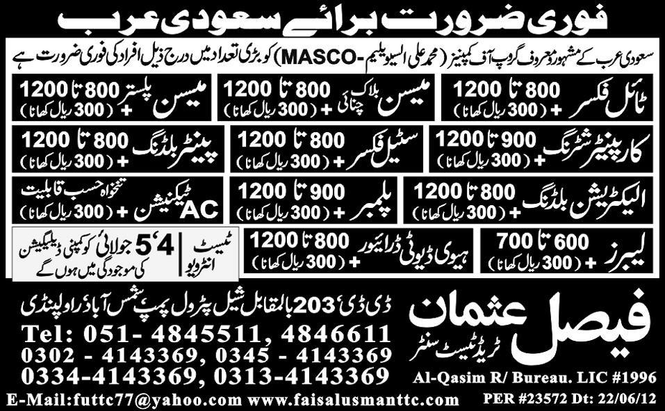 AC Technician and Construction Staff Required by Faisal Usman Trade Test Centre for Saudi Arabia