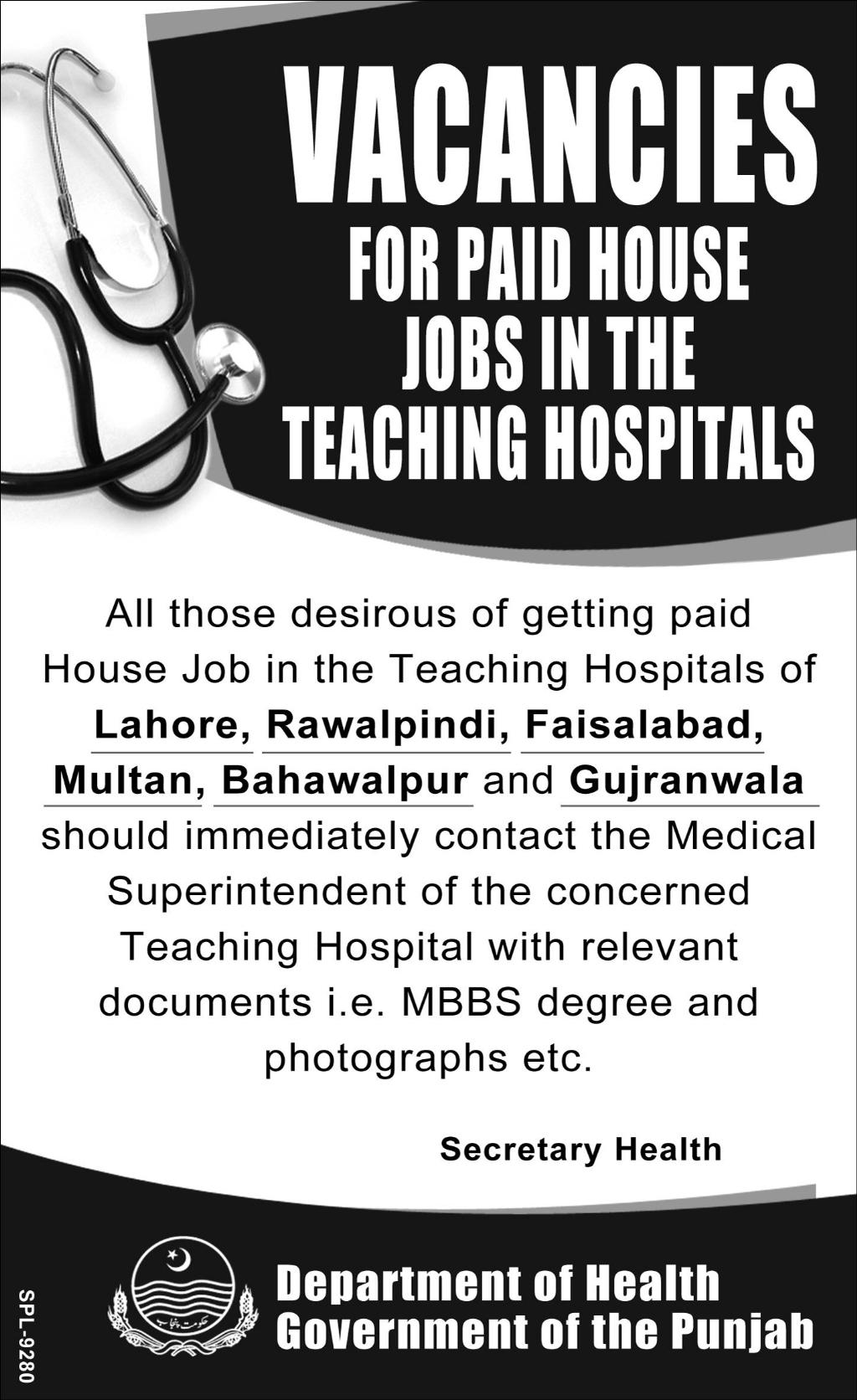 Vacancies for Paid House Jobs in the Teaching Hospitals