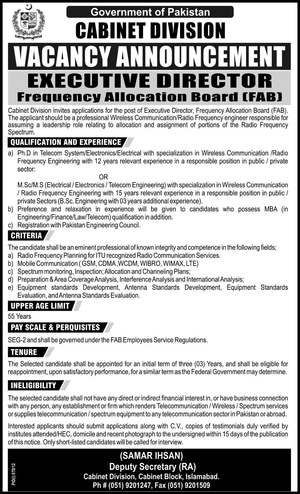 Cabinet Division Government of Pakistan Requires Executive Director (FAB) (Govt. jo)