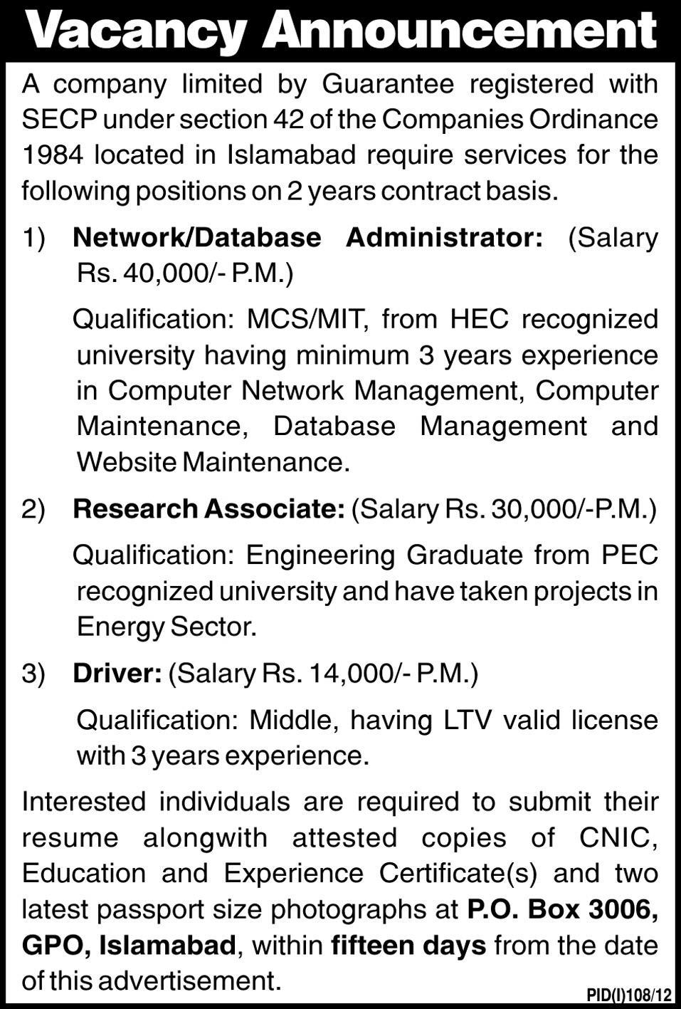 Network Administrator and Research Associate Job at a Private Limited Company