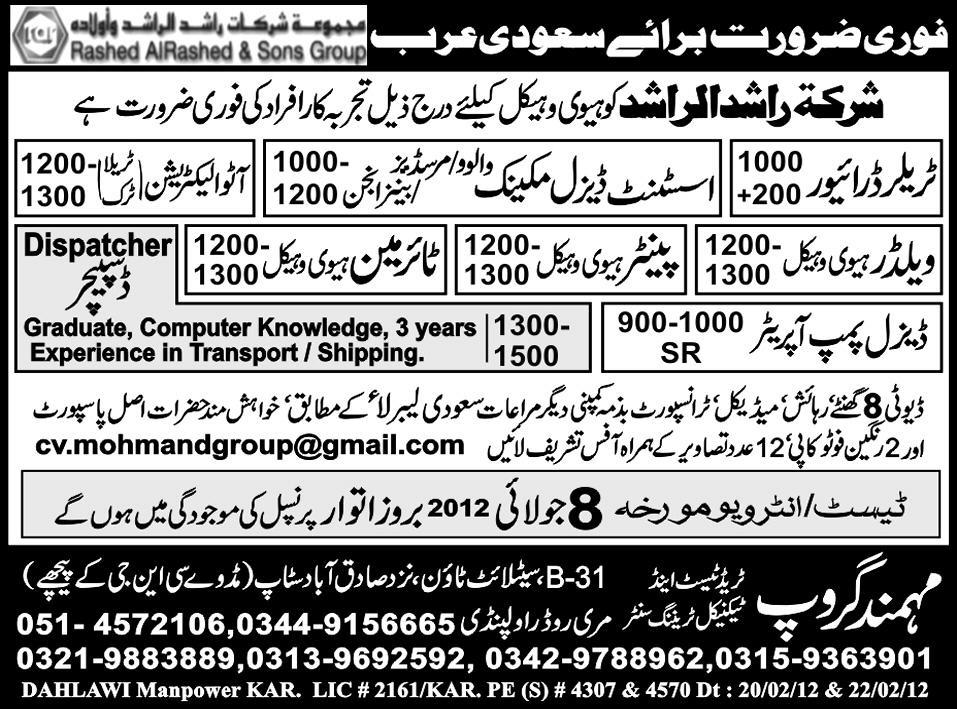 Dispatcher, Mechanical and Technical Staff Required for Saudi Arabia