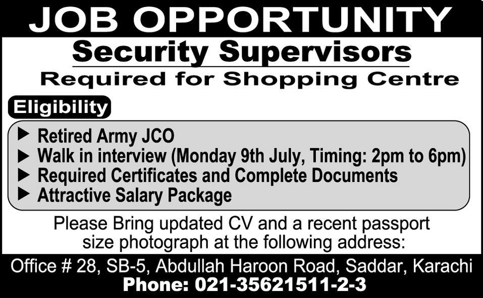 Security Supervisors Required for a Shopping Centre