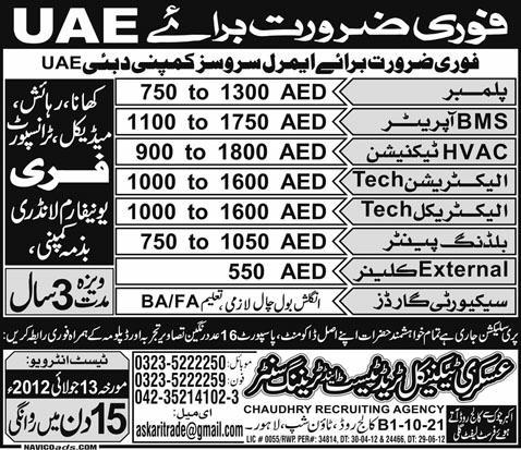 Technical Staff and Security Guard Required for UAE