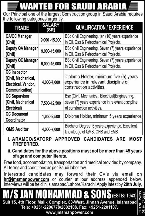 Construction QA/QC Management and Supervisors Required for Saudi Arabia