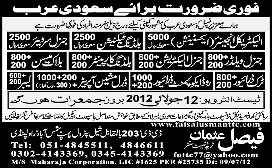 Faisal Usman Trade Test Centre Requires Construction Staff for Saudi Arabia