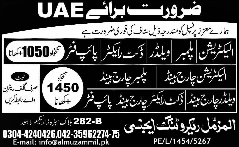 Electrician, Welder Charge Hand and Plumber Charge Hand Jobs