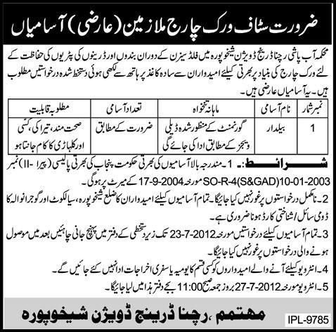 Irrigation Department Rachna Drainage Division Sheikhupura Requires Beldar (Government Job)