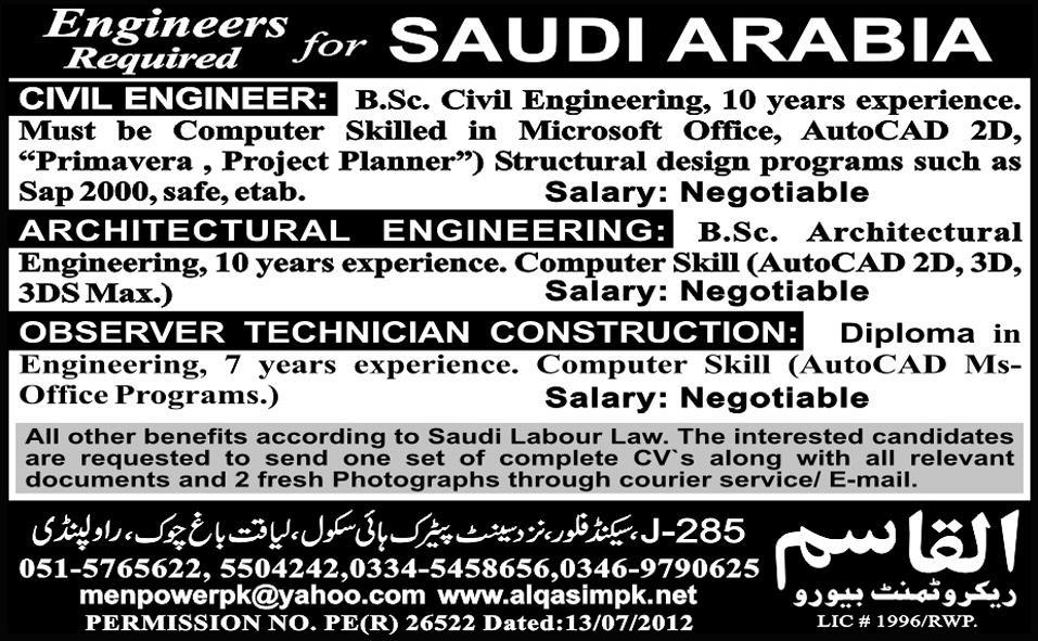 Engineers Required for Saudi Arabia
