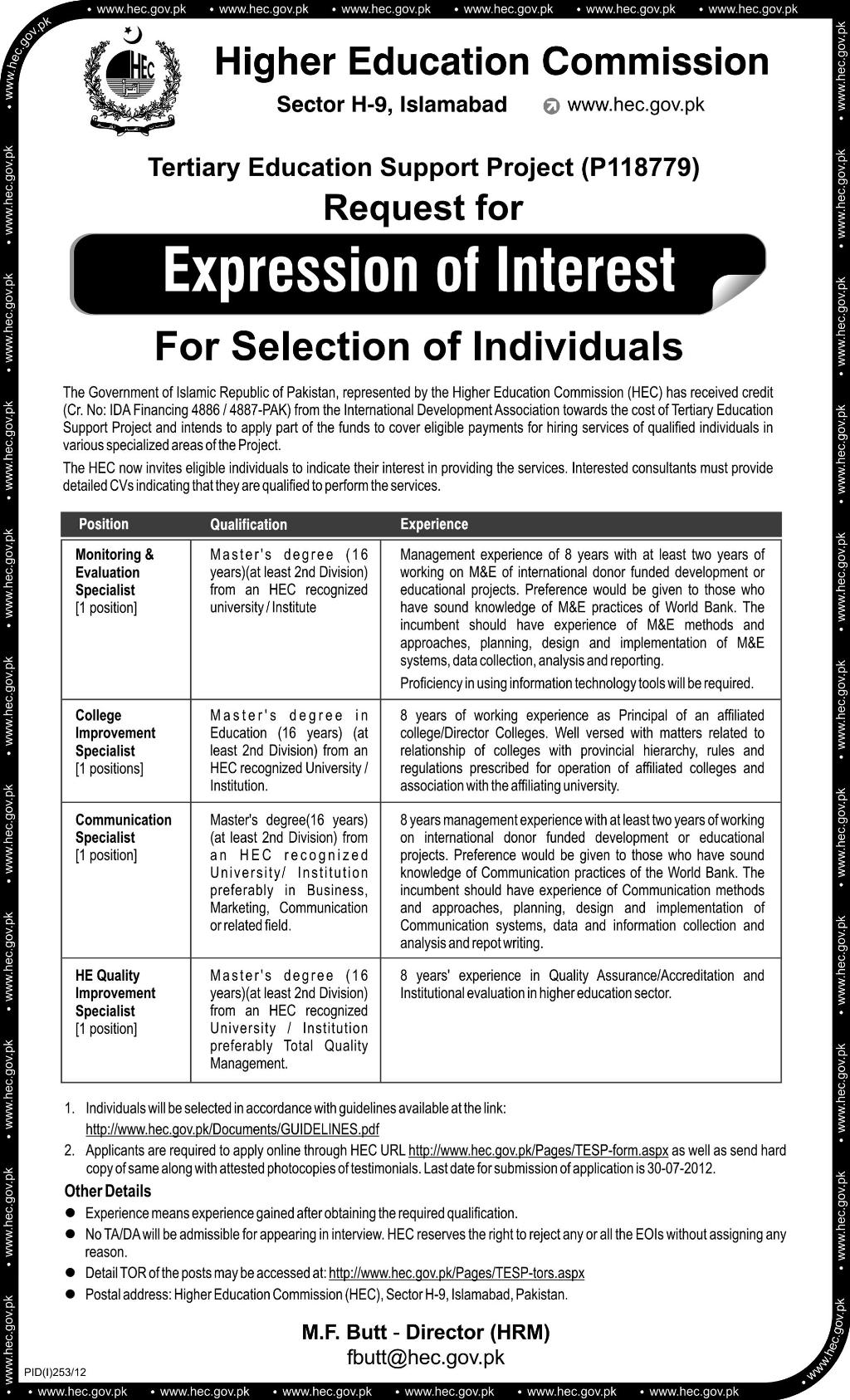 HEC Higher Education Commission Requires Specialists (Government Job)