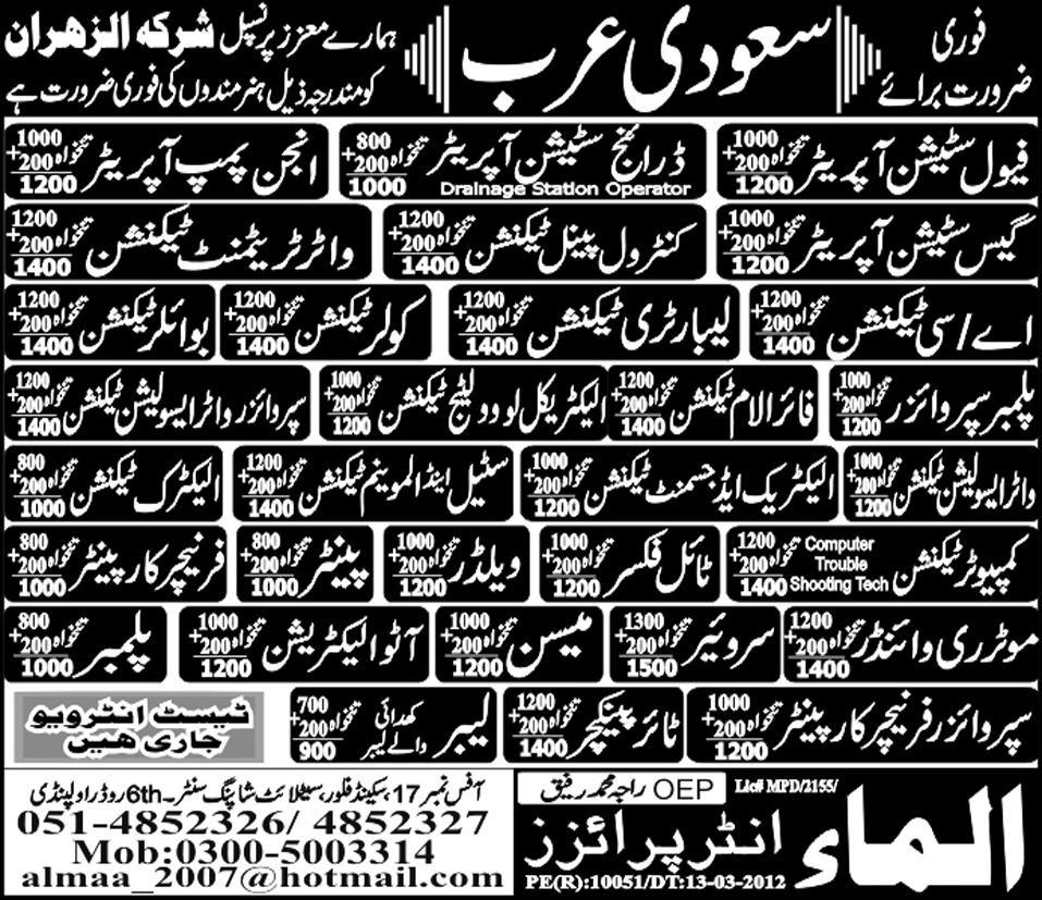 Mechanical and Technical Staff Required for Water Treatment Plant