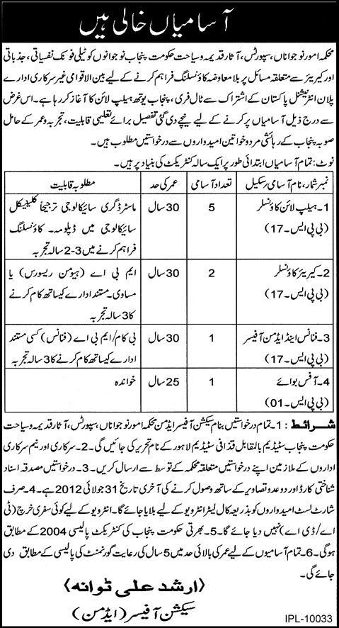 Admin Staff and Counselors Required by Department of Yout Affairs Punjab (Government Job)