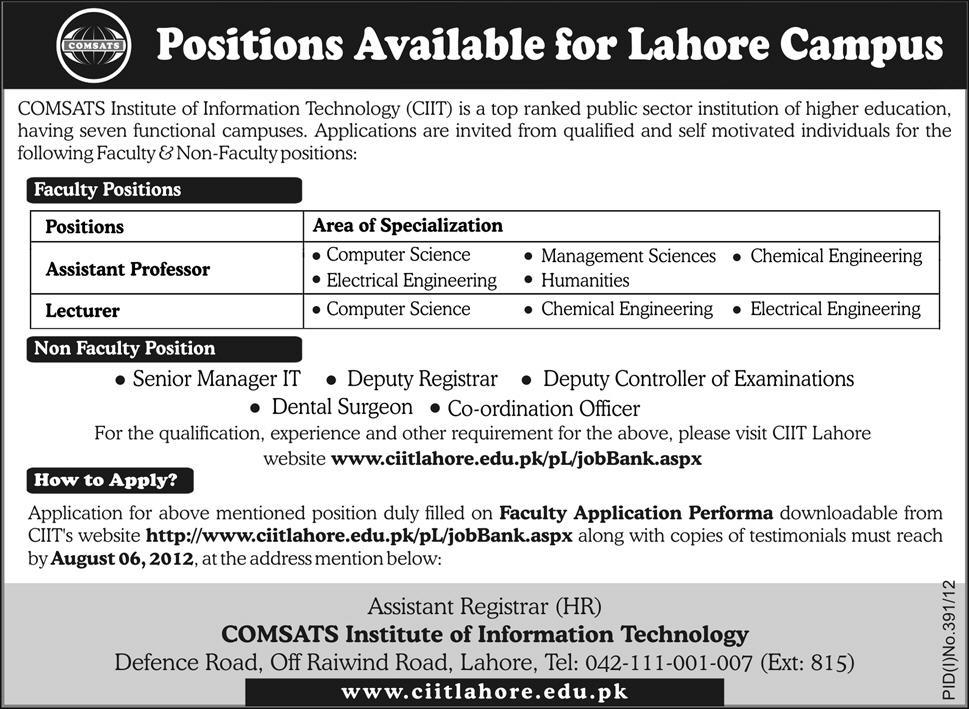 COMSATS Institute of Information Technology (CIIT) Requires Teaching and Non-Teaching Staff