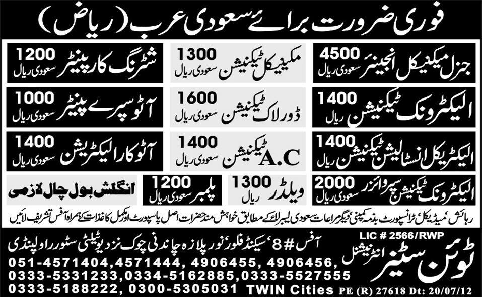 Mechanical and Technical Staff Required by Twin Cities International for Saudi Arabia