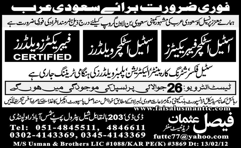 Mechanical Maintenance Staff Required by Faisal Usman Trade Test Centre for Saudi Arabia