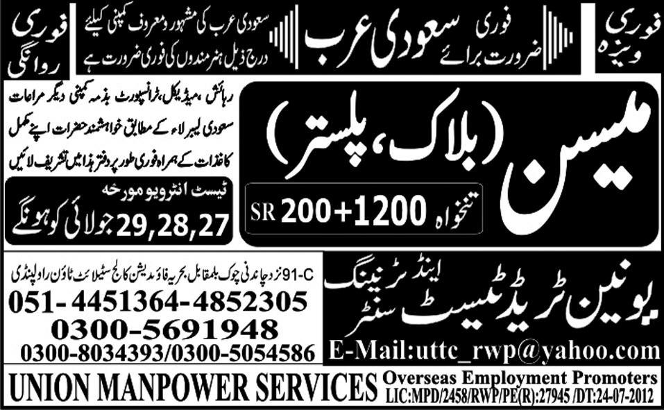 Mason Block and Plaster Required for Saudi Arabia