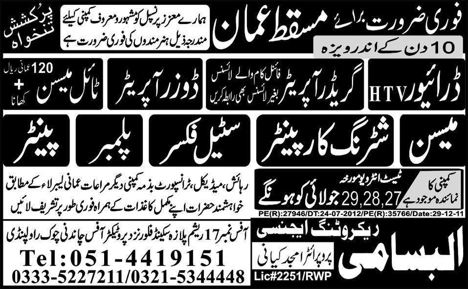 Grader Operator and Construction Staff Required for Oman, Masqat