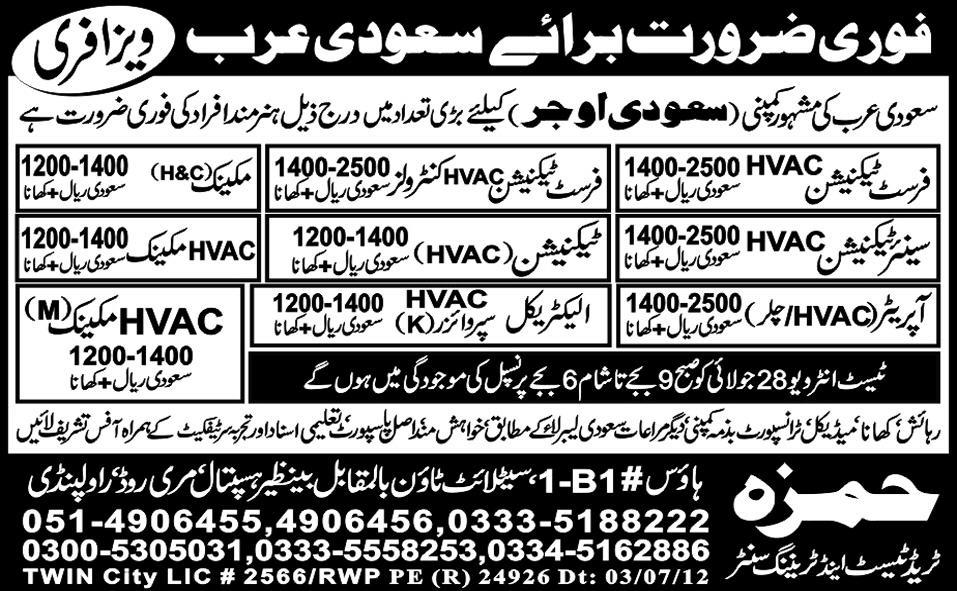 Saudi OGER Company Requires HVAC First Techcnicians and Mechanical Staff for Saudi Arabia