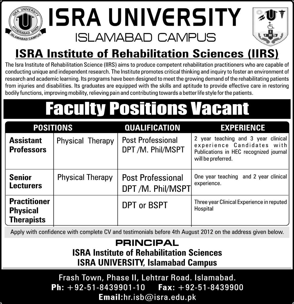 ISRA University Islamabad Required Teaching Faculty