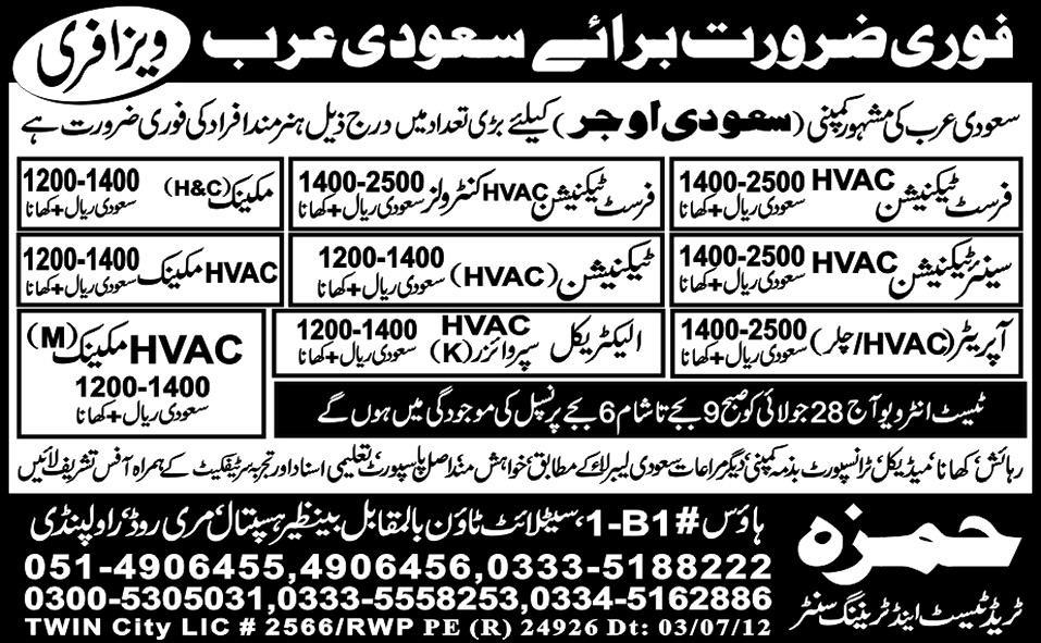 Saudi OGER Company Requires HVAC First Techcnicians and Mechanical Staff for Saudi Arabia