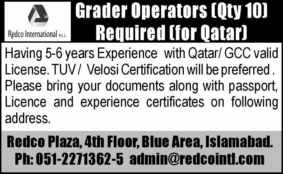Grader Operators Required for Qatar