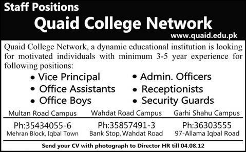 Vice Principal adn Admin Staff Required for Quaid College Network