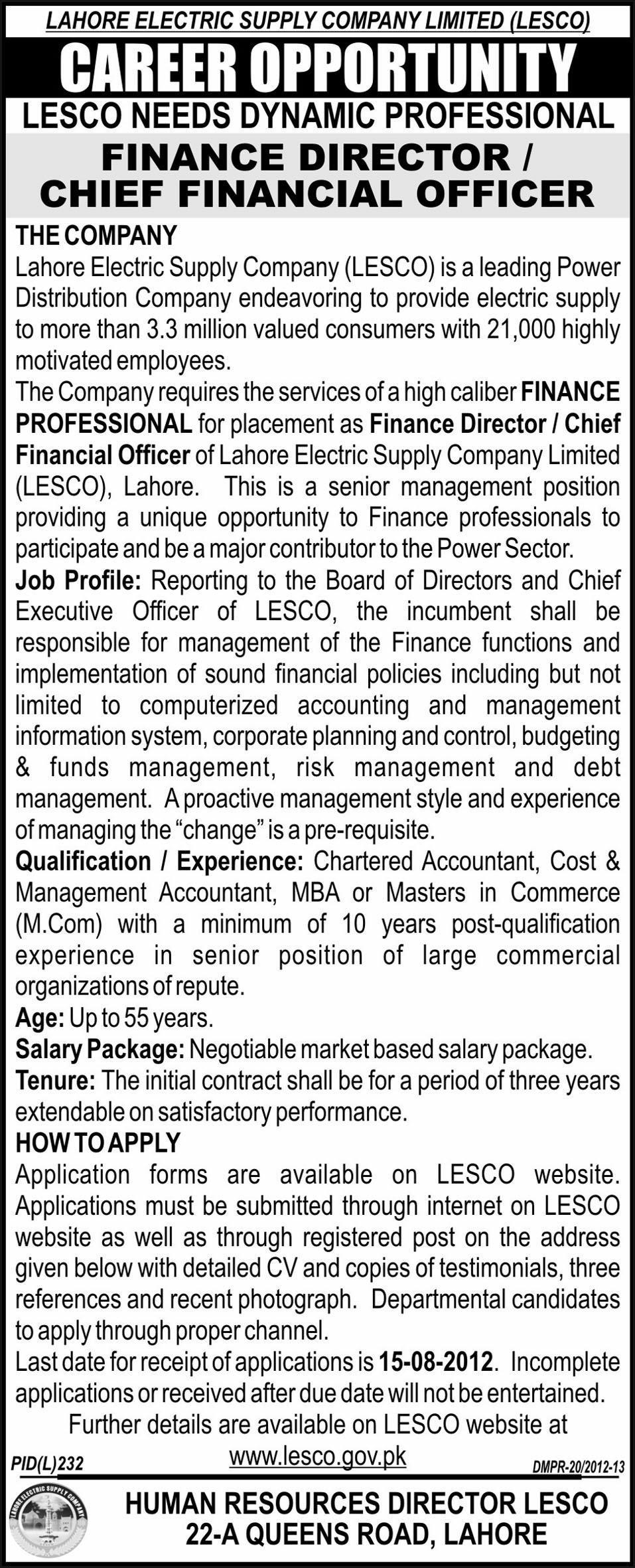 LESCO Lahore Electric Supply Company Limited Requires Chief Financial Officer (Government Job)