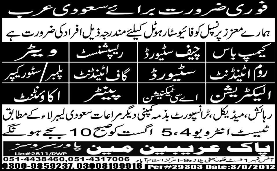 Five Star Hotel Staff Required for Saudi Arabia