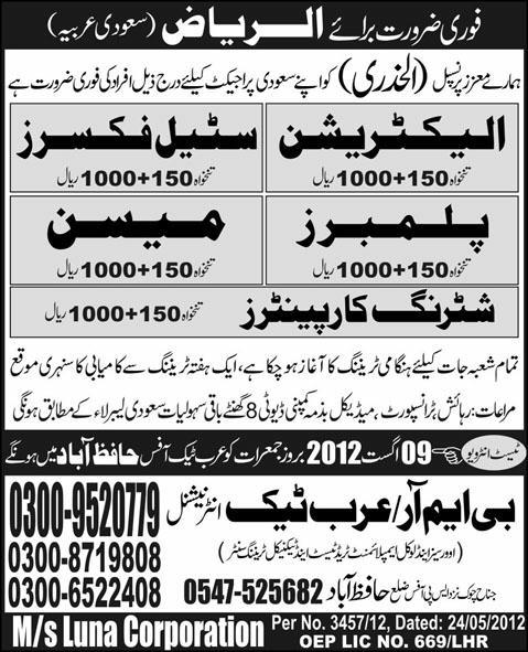 Plumbers and Shuttering Carpenters Required for Al-Riyadh (Saudi Arabia)