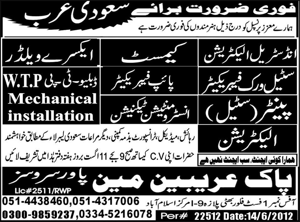 Skilled Mechanical and Technical Staff Required for Saudi Arabia