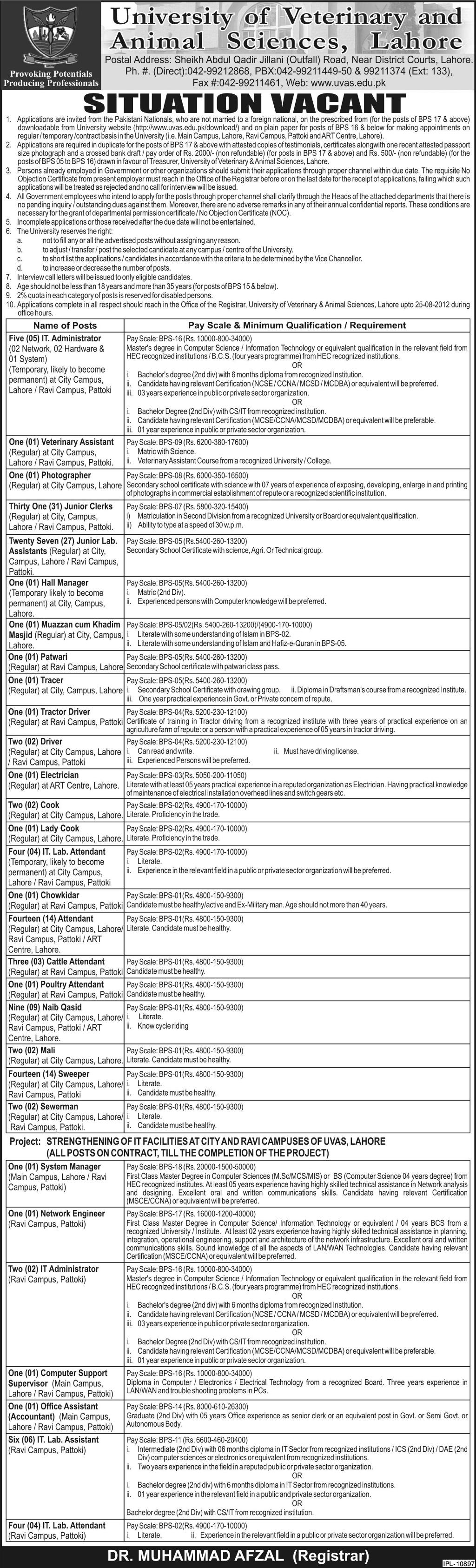 Non-Teaching Staff Required at University of Veterinary and Animal Sciences Lahore (Government Job)