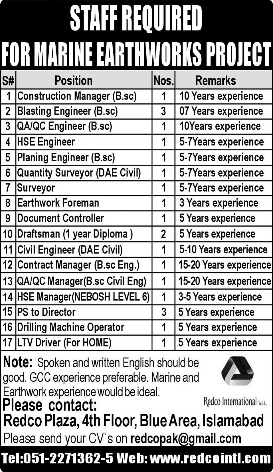 Engineering and Technical Staff Required for Marine Earthworks Project