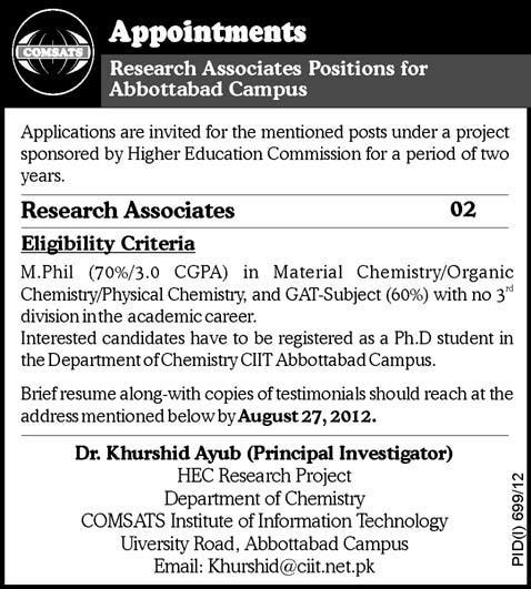 Research Associates Required at COMSATS Institute of Information Technology Abbottabad Campus
