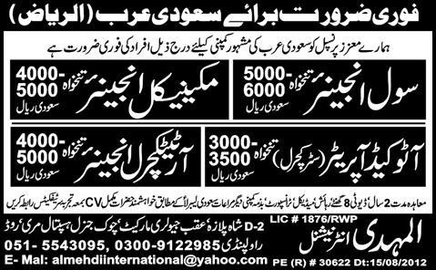 Engineering Staff Required for Saudi Arabia