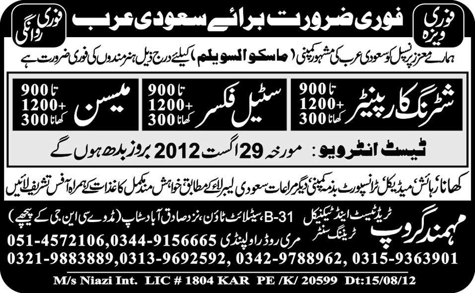 Shuttering Carpenter, Steel Fixer and Mason Required by Mohmand Group Trade Test and Technical Centre for Saudi Arabia