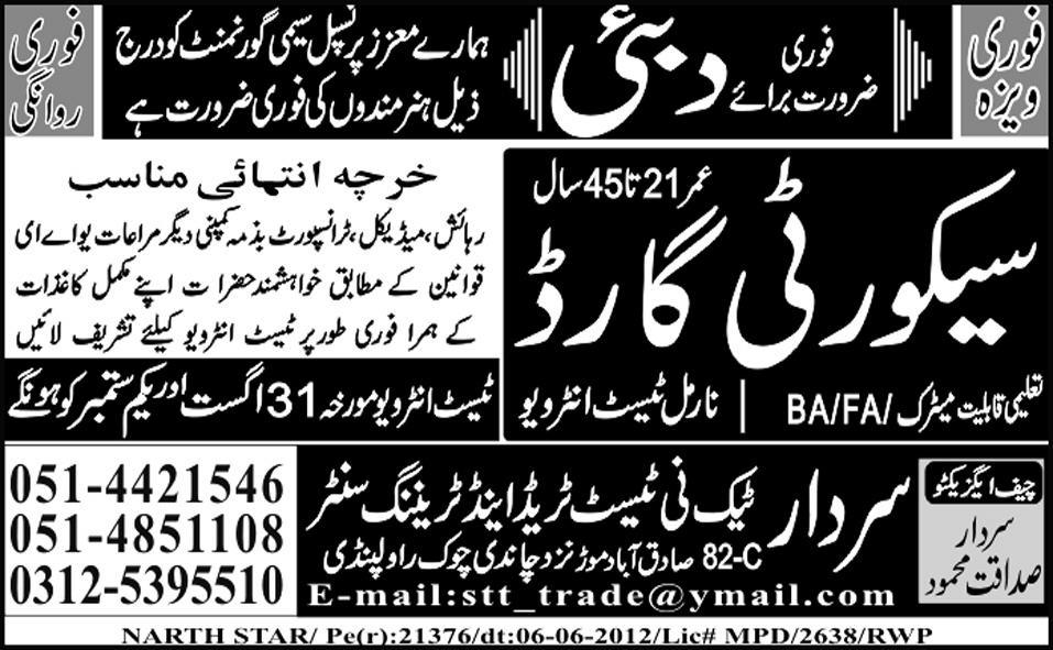 Security Guards Required by SARDAR Tech-ni-Test Trade and Training Centre for Dubai