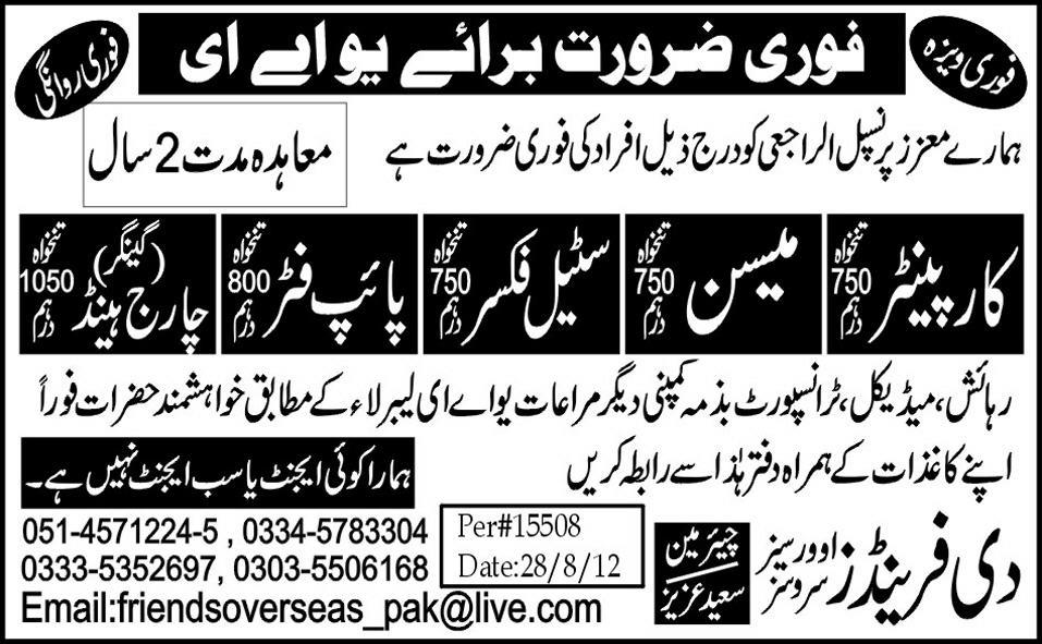 Carpenter and Charge Hand Ganger Required for UAE