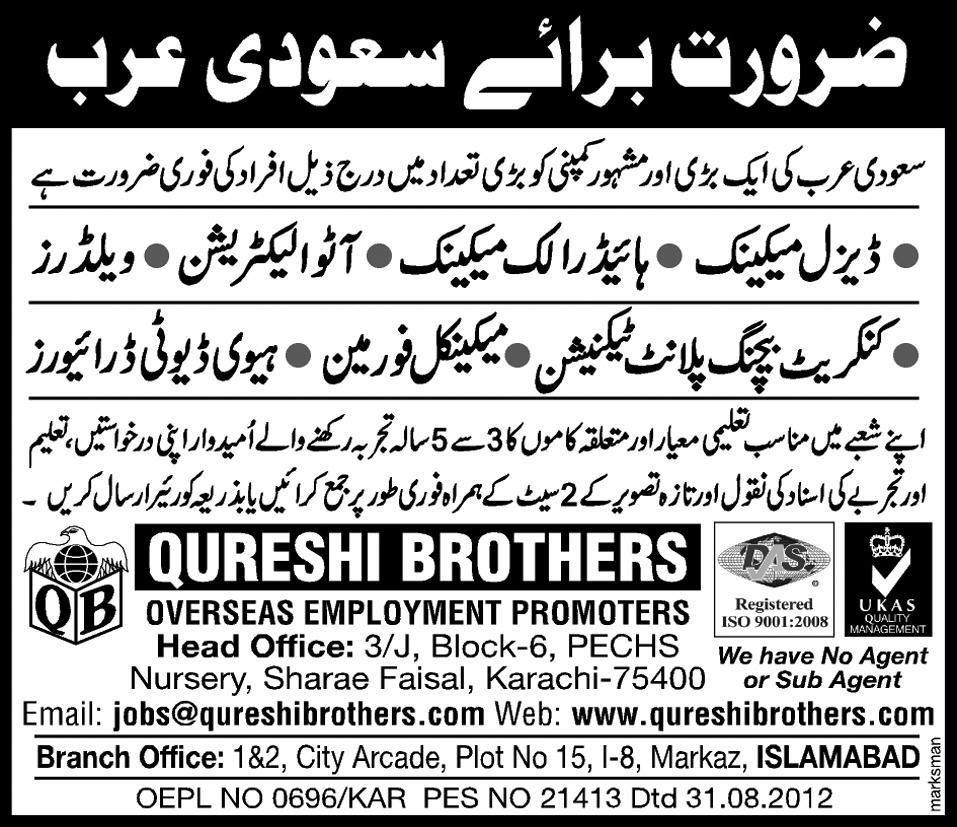 Mechanical and Technical Staff Required for Saudi Arabia